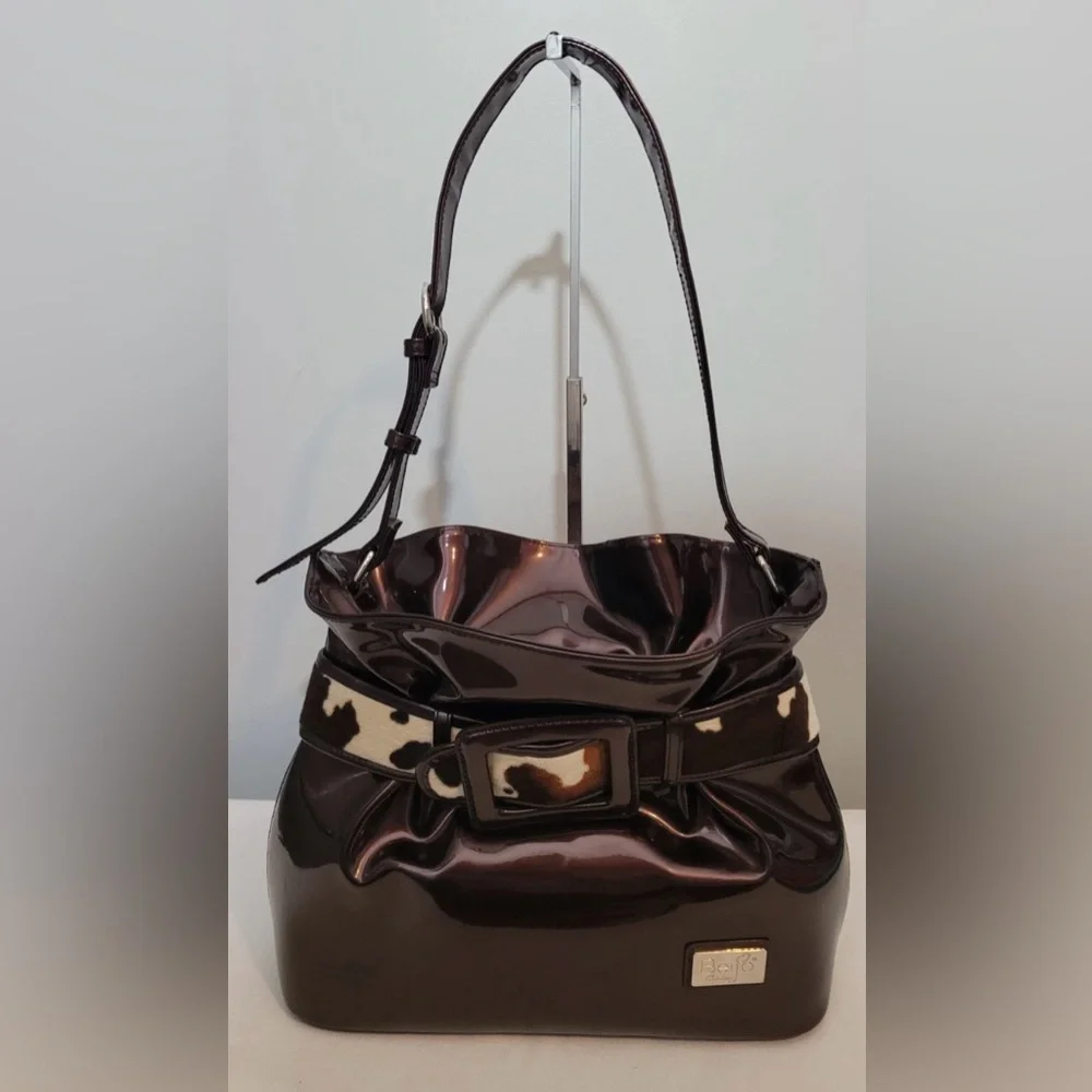 Beijo Couture Shoulder Bag Brown Faux Patent Leather Buckle Accent